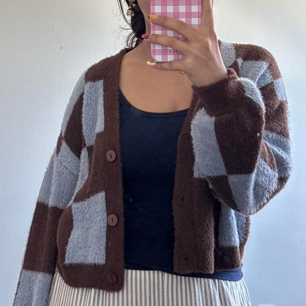 Crave Fame Women's Brown and Blue Checker Cardigan